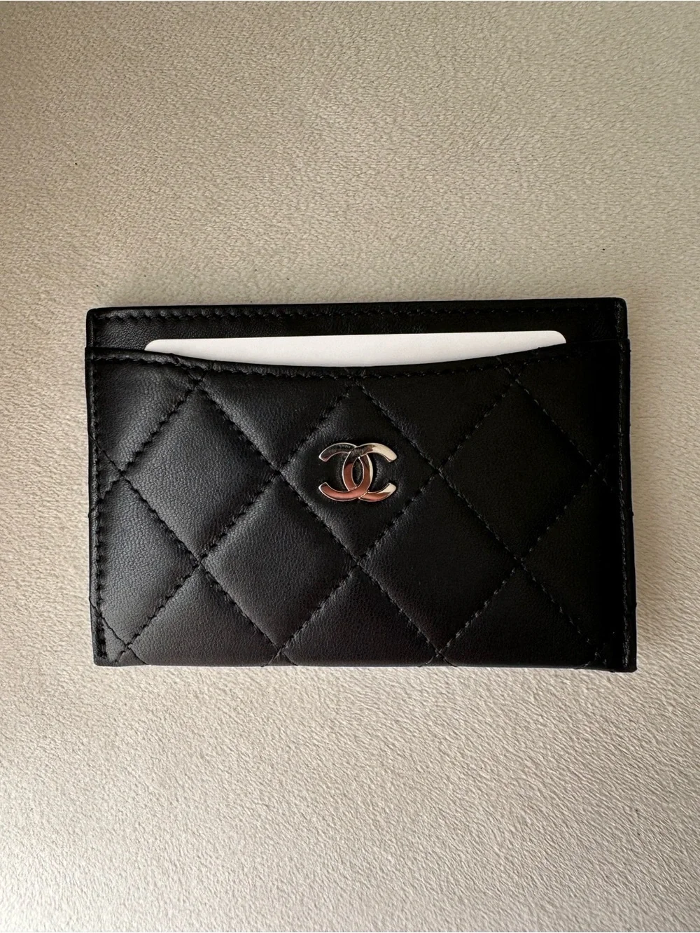 CHANEL Black Quilted Card Holder with Silver CC Logo